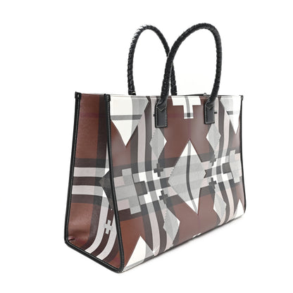 Burberry E-Canvas Calfskin Geometric Check Tote Hand Bag Brown White Black 3 of 10