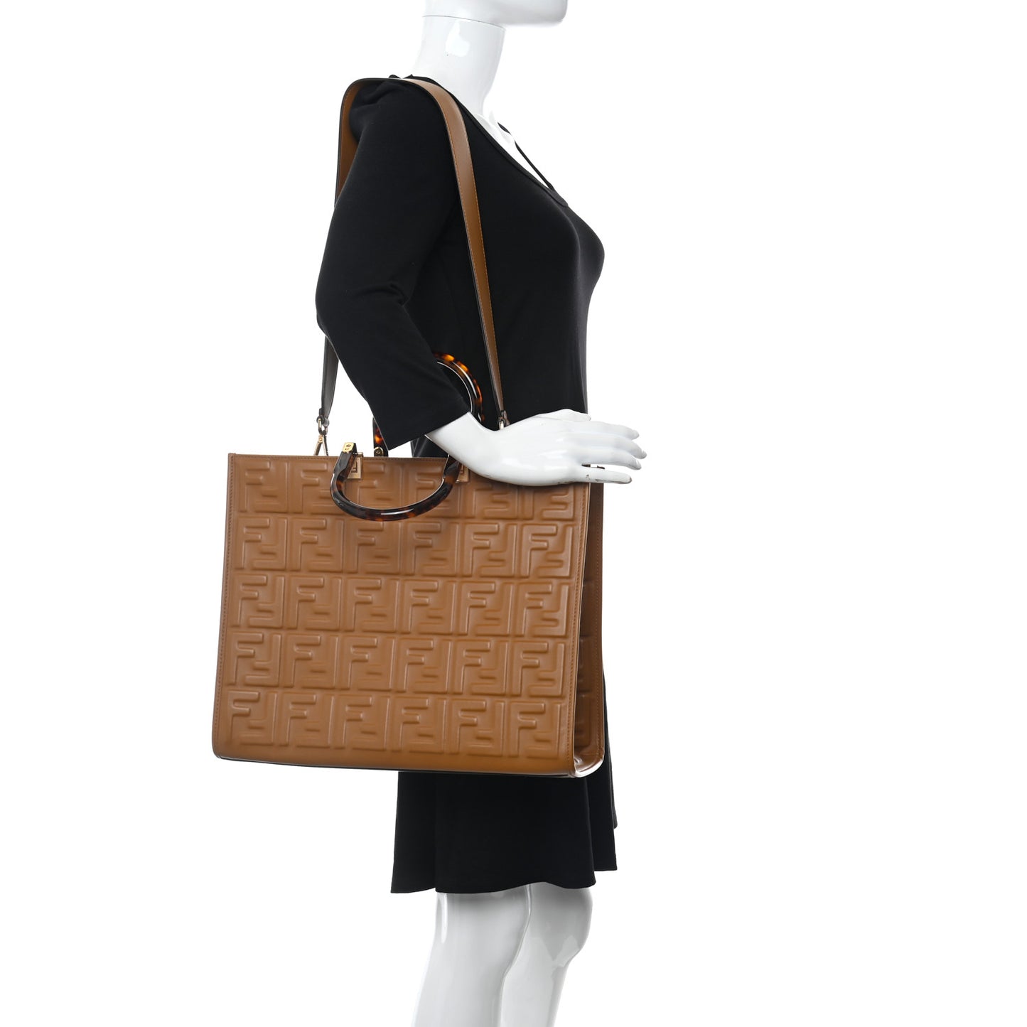 Vitello Plexiglass FF Embossed Medium Fendi Sunshine Shopper Tote Caramello