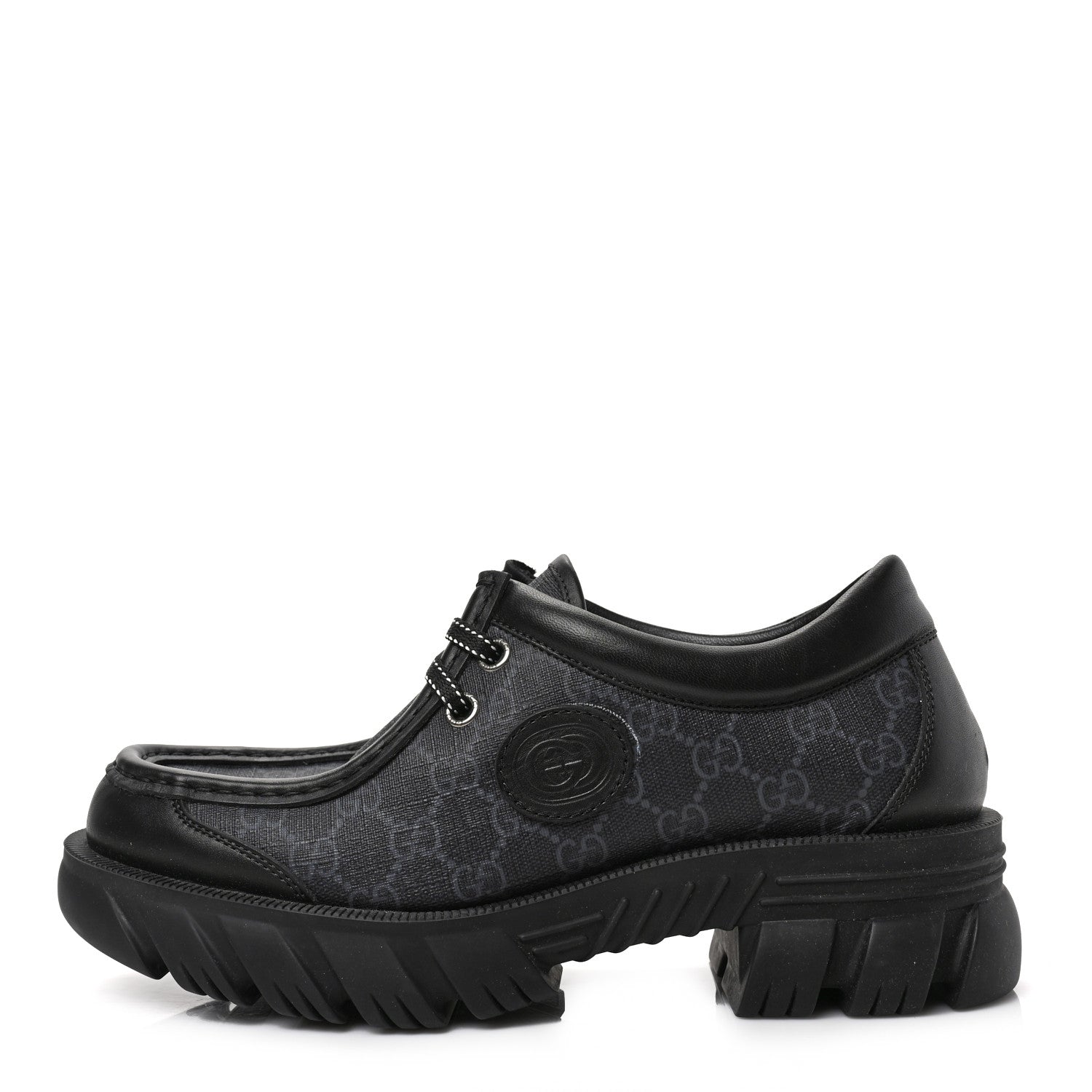 Gucci GG Supreme Monogram Quebec Calfskin Retro Interlocking G Mens Platform Derby Loafers 8.5 Black 1 of 8