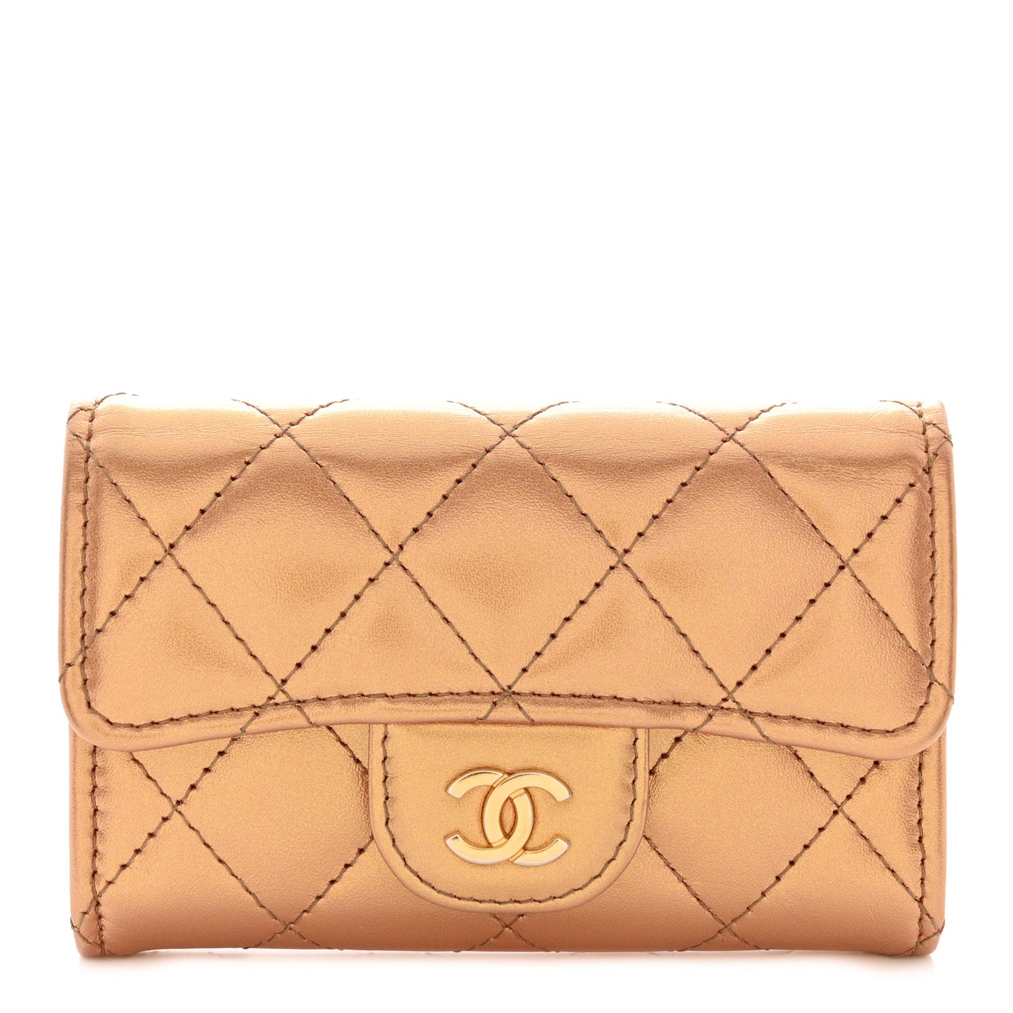 Metallic Lambskin Quilted Flap Card Holder Wallet Golden