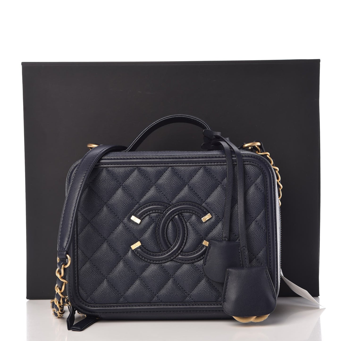 Caviar Quilted Medium CC Filigree Vanity Case Navy