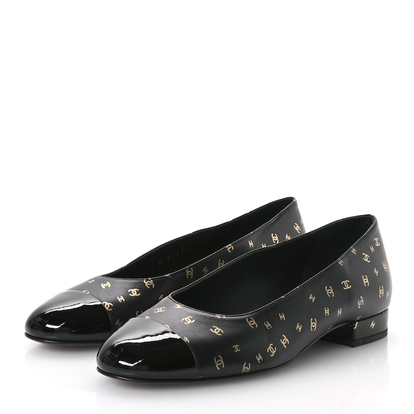 Lambskin Patent Calfskin Printed CC Cap Toe Ballerina Flats 37.5 Black Gold