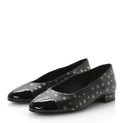 Chanel Lambskin Patent Calfskin Printed CC Cap Toe Ballerina Flats 37.5 Black Gold 4 of 9