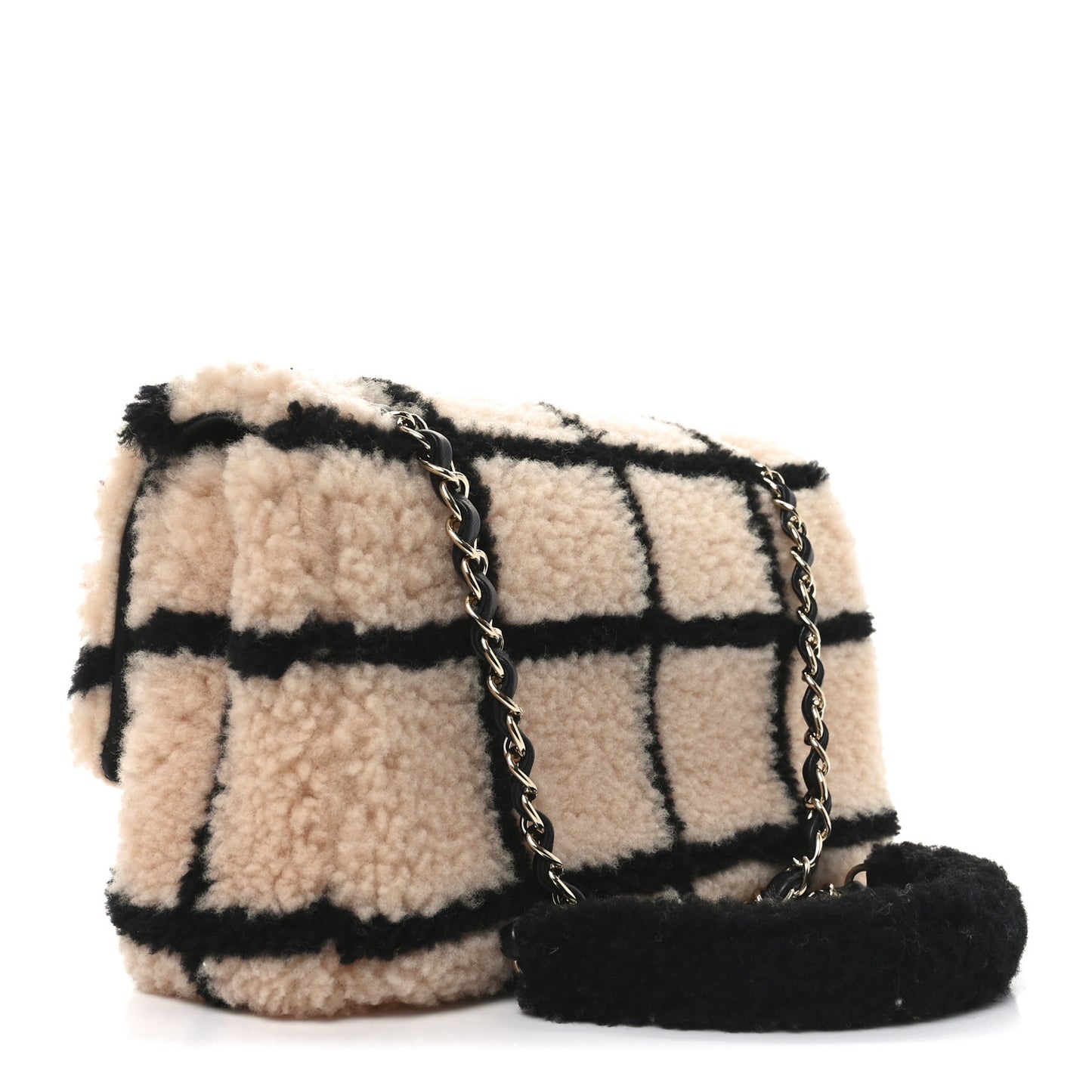 Shearling Lambskin Large Fluffy Tartan Single Flap Pink Black