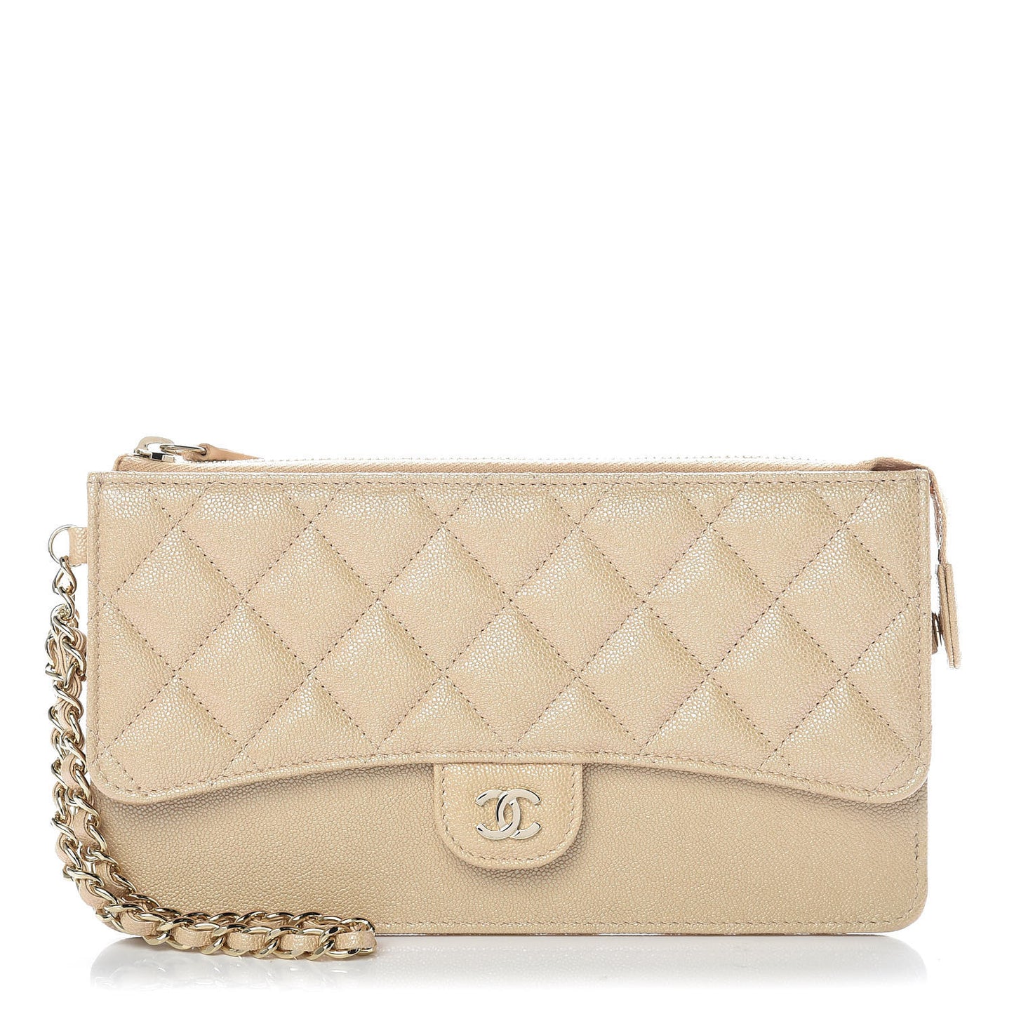 Iridescent Caviar Quilted Classic Pouch With Handle Beige