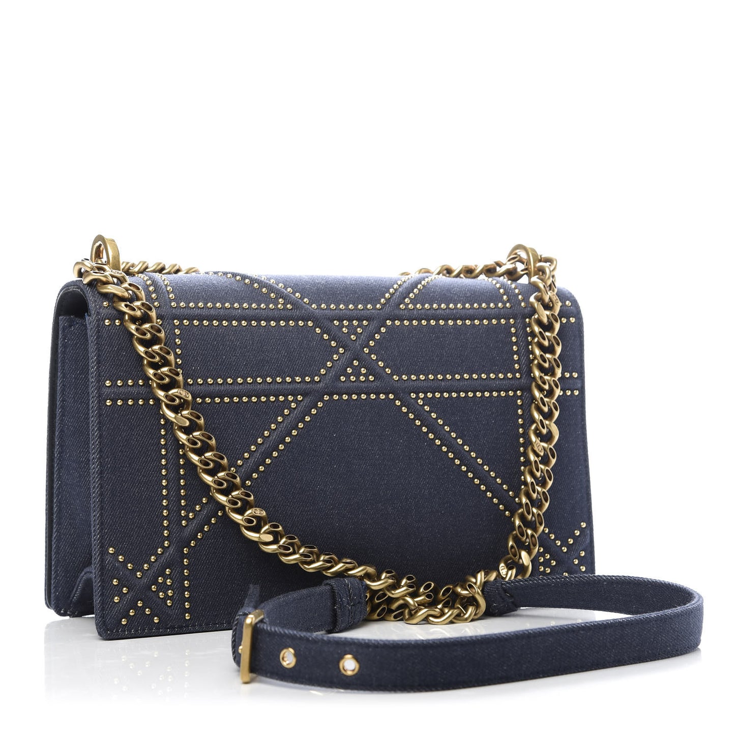 Denim Studded Medium Diorama Flap Bag Blue