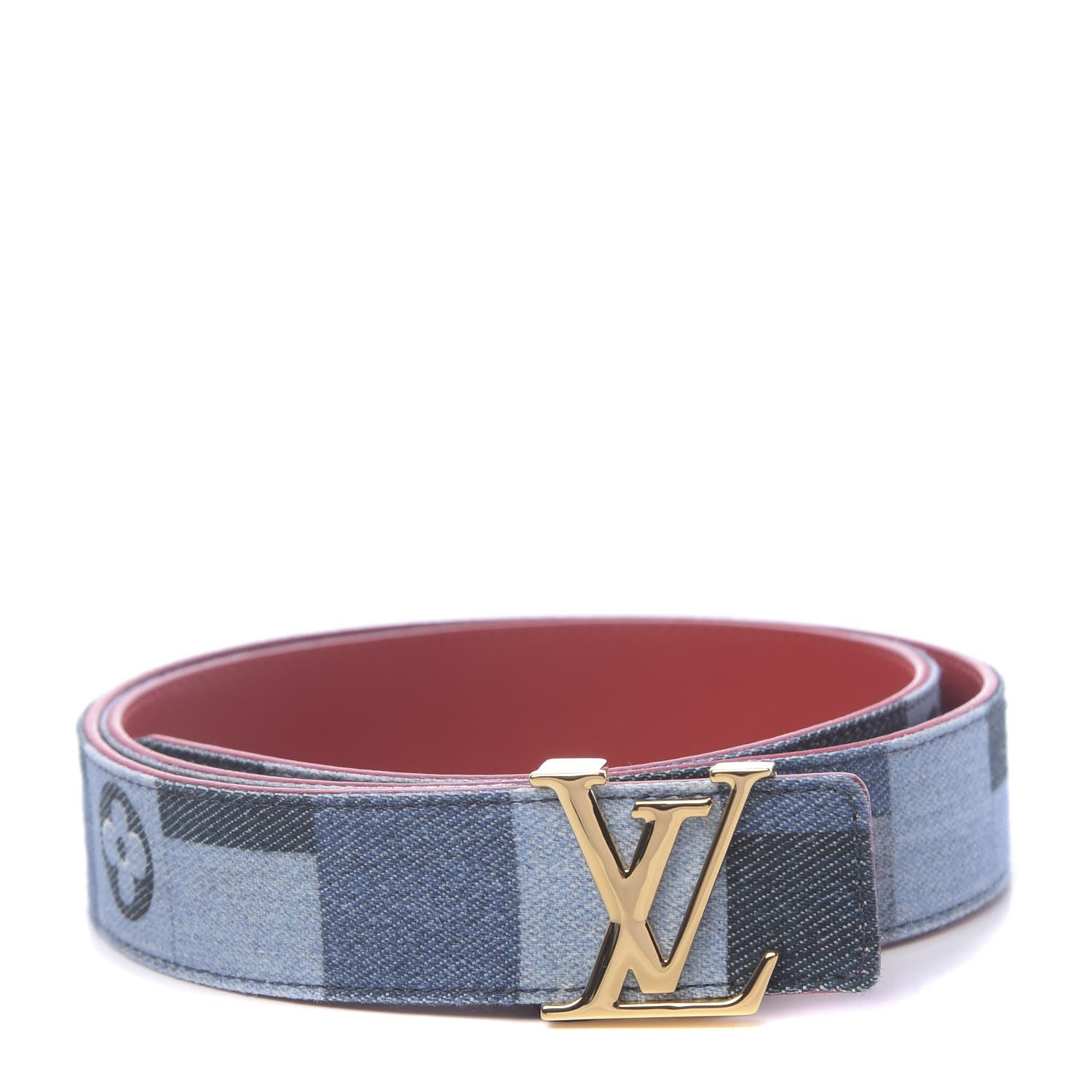 Louis Vuitton Denim Damier Monogram Patchwork 30mm Iconic Reversible Belt 80 32 Blue Rouge 1 of 7