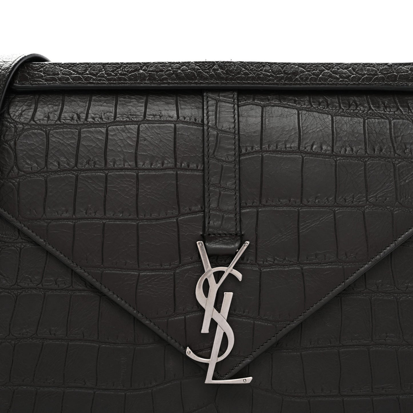Calfskin Crocodile Embossed Large Monogram Satchel Dark Brown