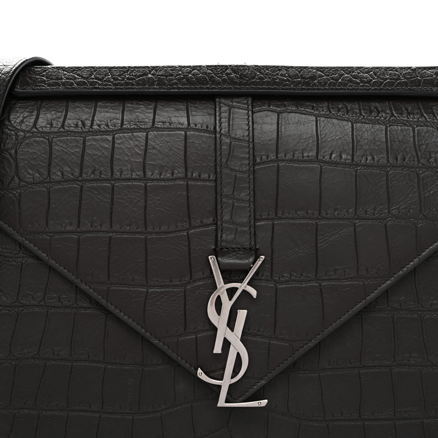Saint Laurent Calfskin Crocodile Embossed Large Monogram Satchel Dark Brown 8 of 12