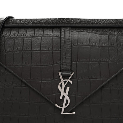 Saint Laurent Calfskin Crocodile Embossed Large Monogram Satchel Dark Brown 8 of 12