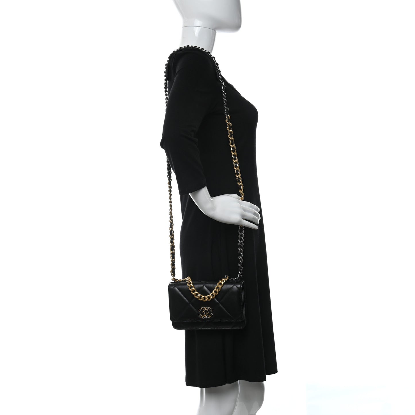Goatskin Quilted Chanel 19 Wallet On Chain WOC Black