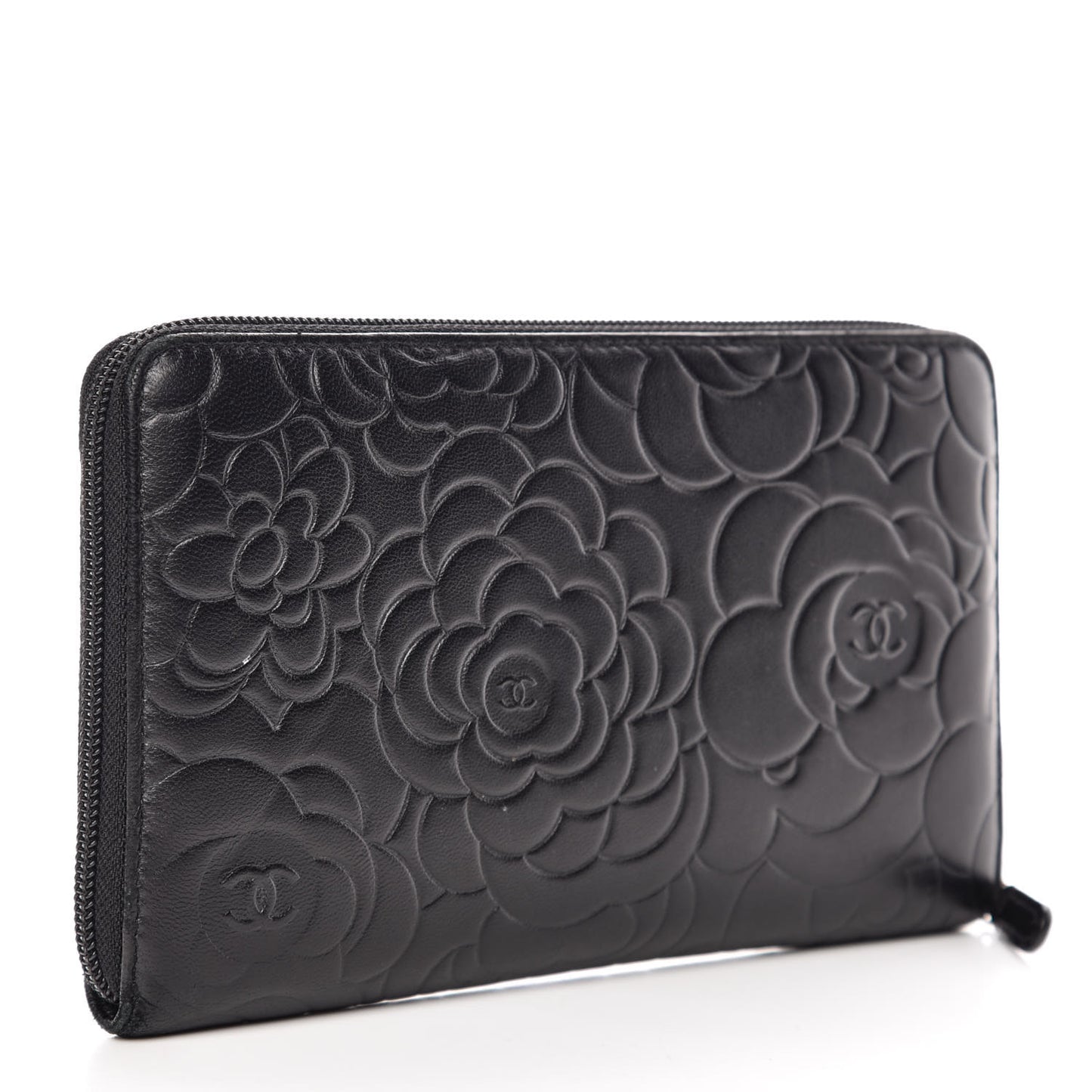 Lambskin Camellia Embossed Zip Around Organizer Wallet Black