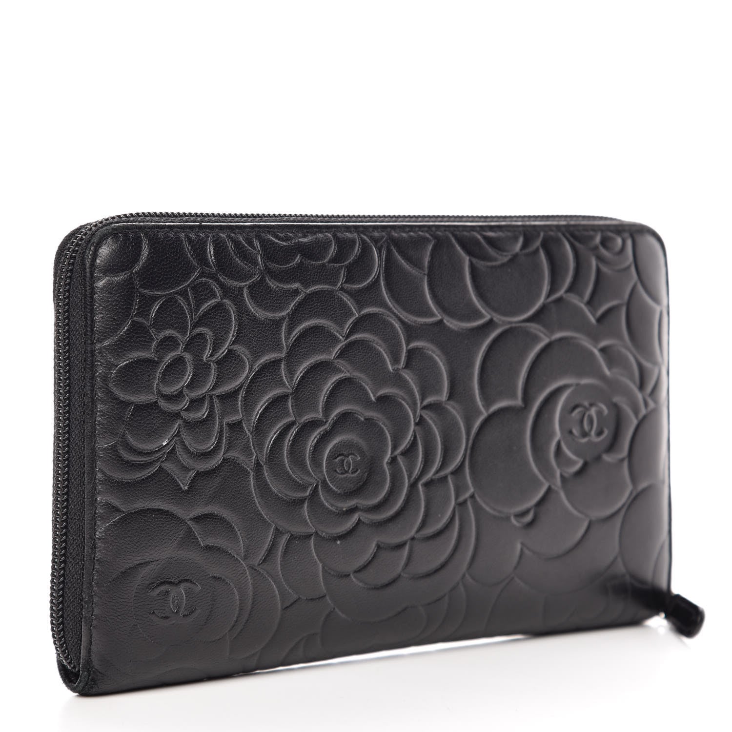 Chanel Lambskin Camellia Embossed Zip Around Organizer Wallet Black 3 of 10