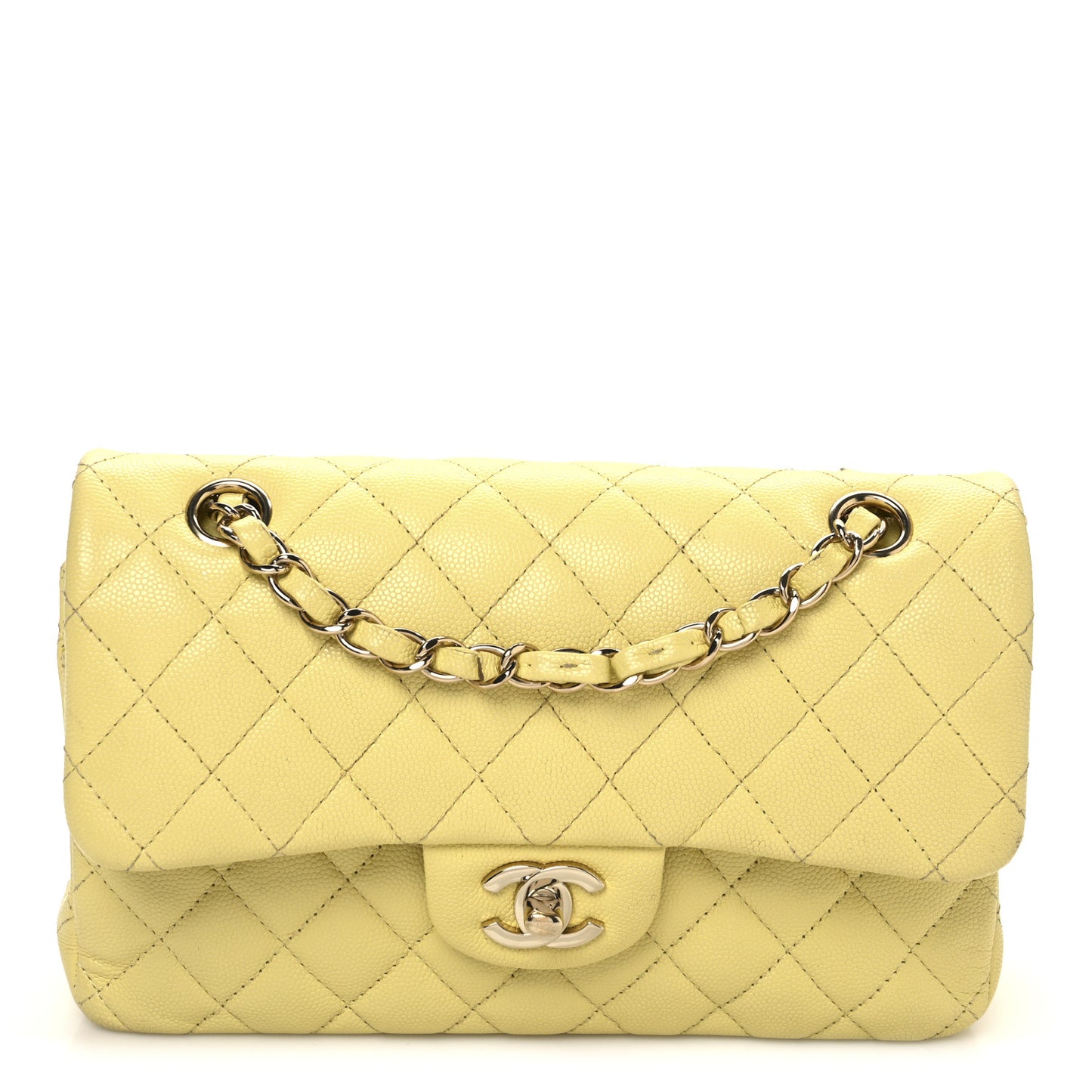 Caviar Quilted Small Double Flap Light Yellow