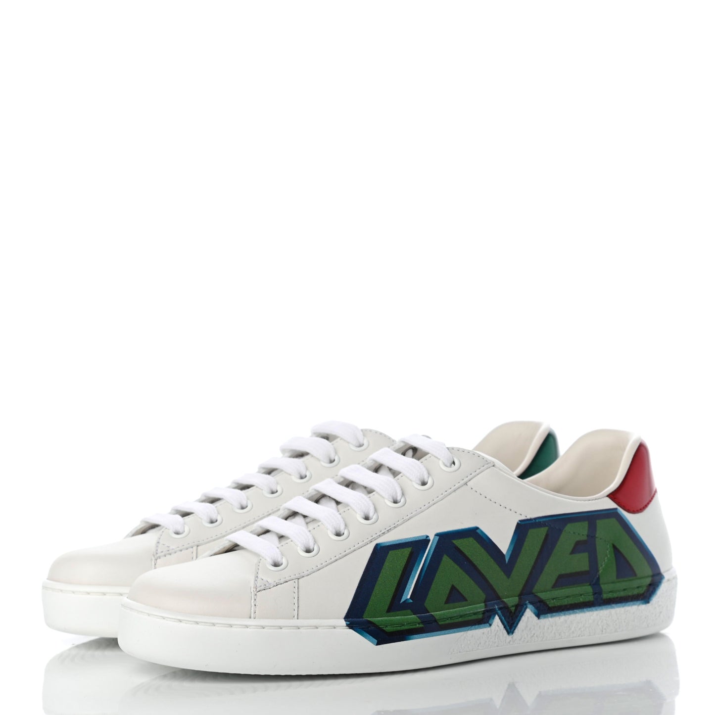 Calfskin Nappa LOVED Print Mens Ace Sneakers 5 White Red Flame Green