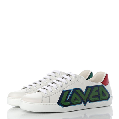 Gucci Calfskin Nappa LOVED Print Mens Ace Sneakers 5 White Red Flame Green 3 of 8