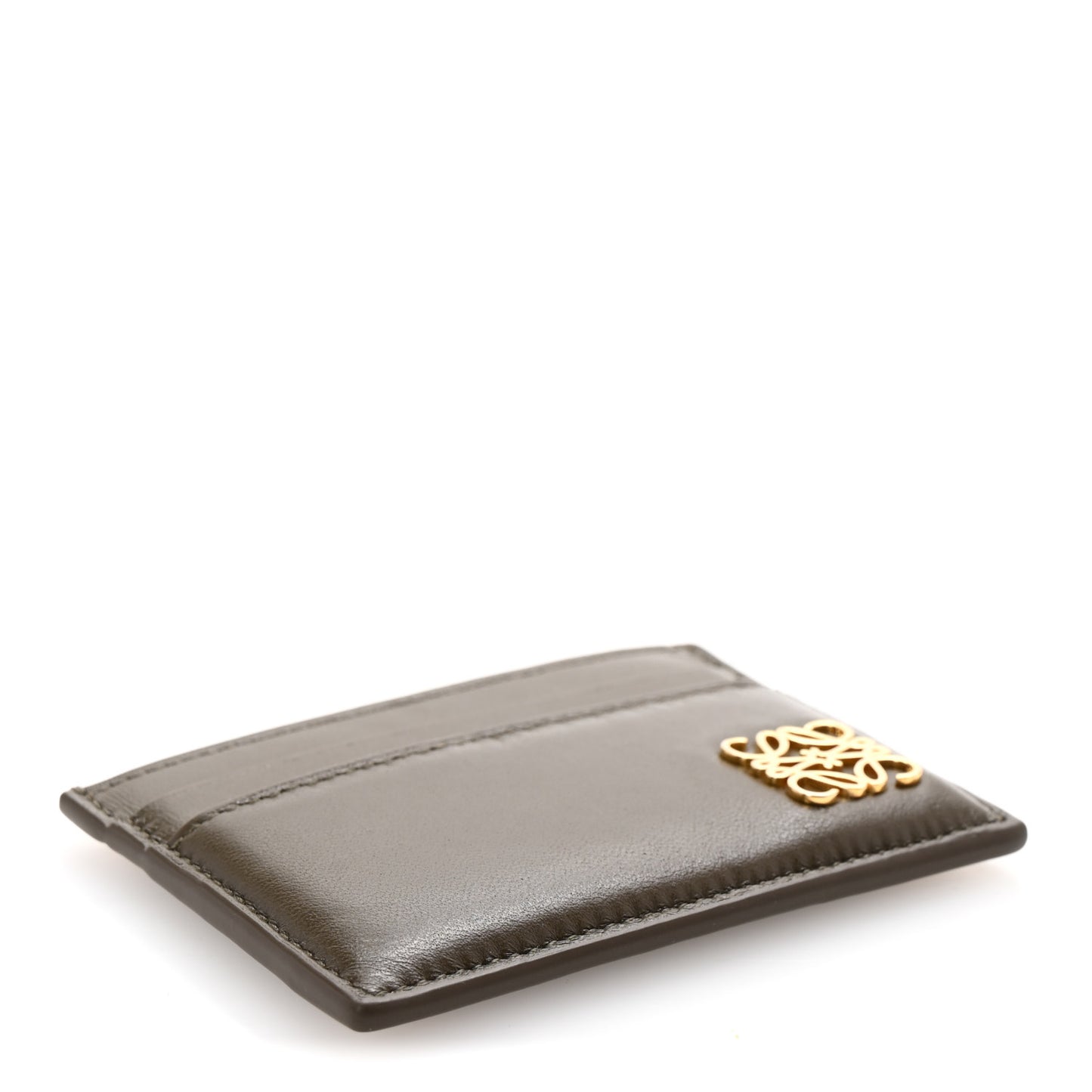 Shiny Nappa Calfskin Puffer Anagram Card Holder Dark Khaki Green