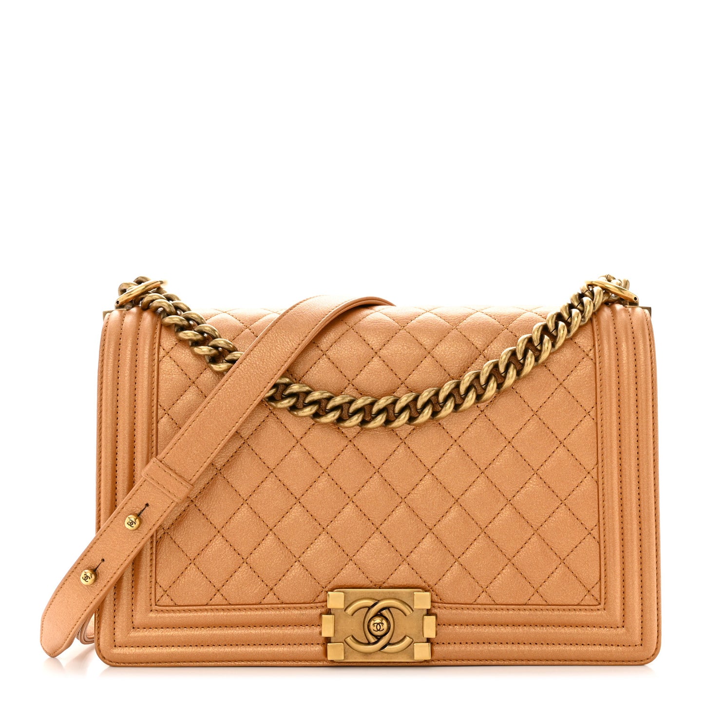 Metallic Calfskin Quilted New Medium Boy Flap Dark Gold