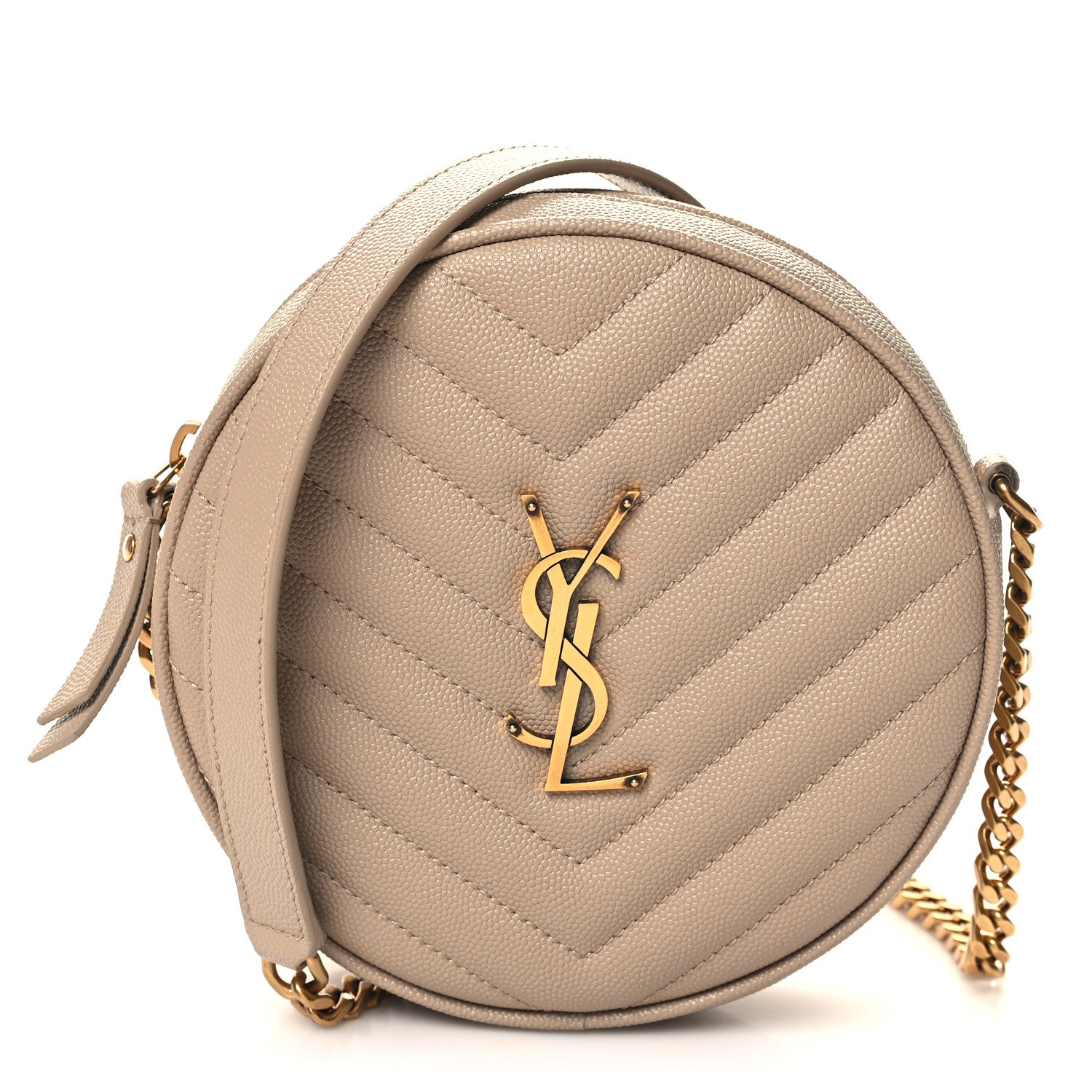 Saint Laurent Grain De Poudre Matelasse Chevron Quilted Round Vinyle Camera Bag Dark Beige 1 of 11