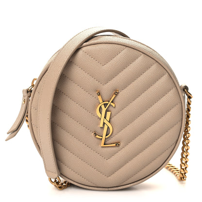 Saint Laurent Grain De Poudre Matelasse Chevron Quilted Round Vinyle Camera Bag Dark Beige 1 of 11