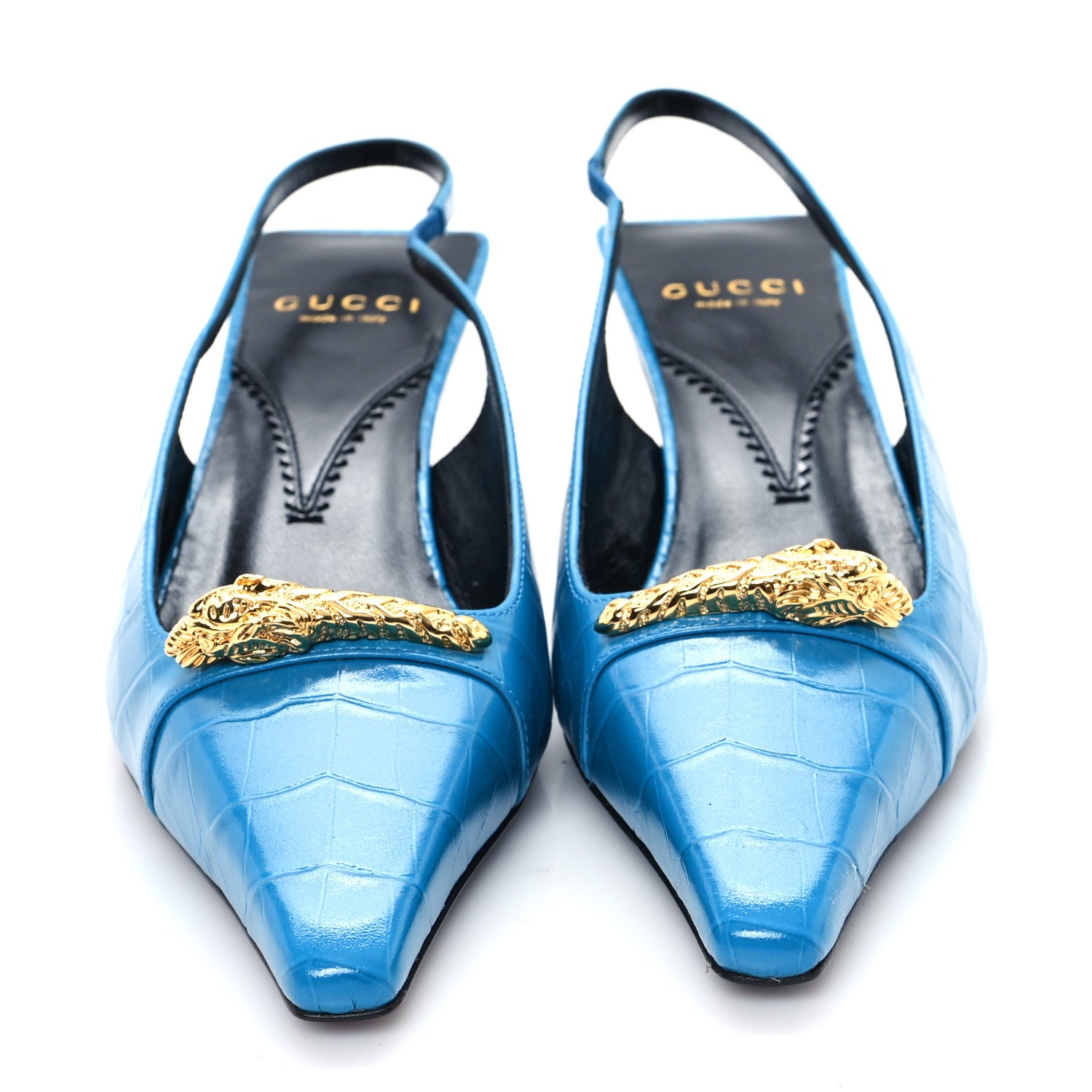 Gucci Calfskin Crocodile Print Square Slingback Pumps 37.5 Bright Sapphire 3 of 10