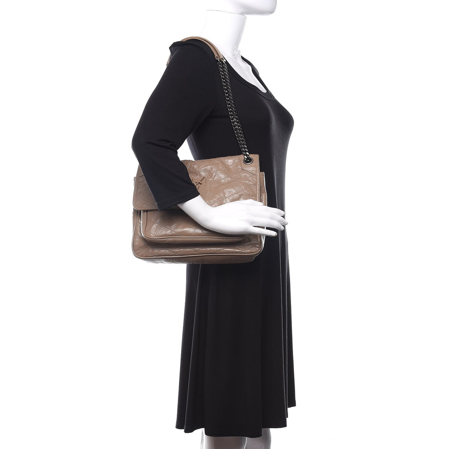 Crinkled Calfskin Matelasse Monogram Medium Niki Chain Satchel Taupe