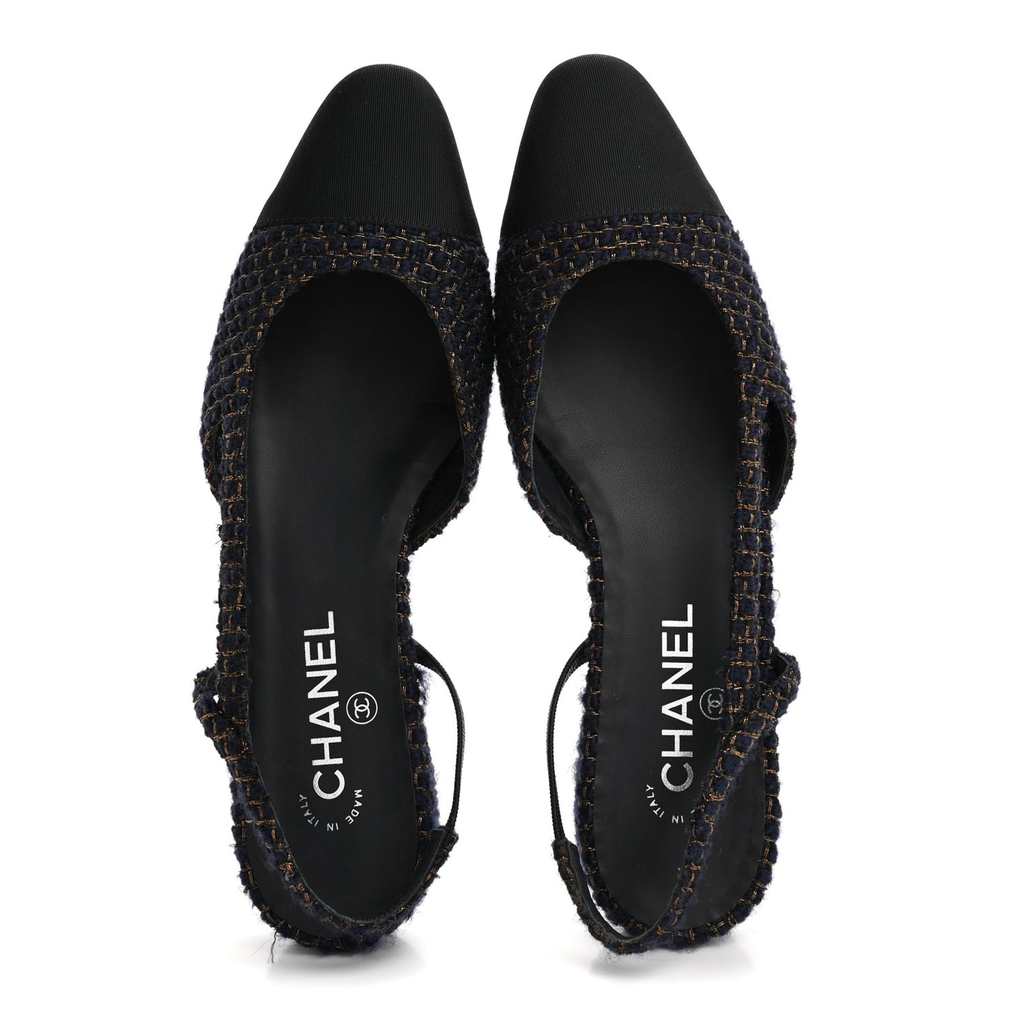 Tweed Grosgrain Cap Toe CC Slingback Flats  40 Blue Gold