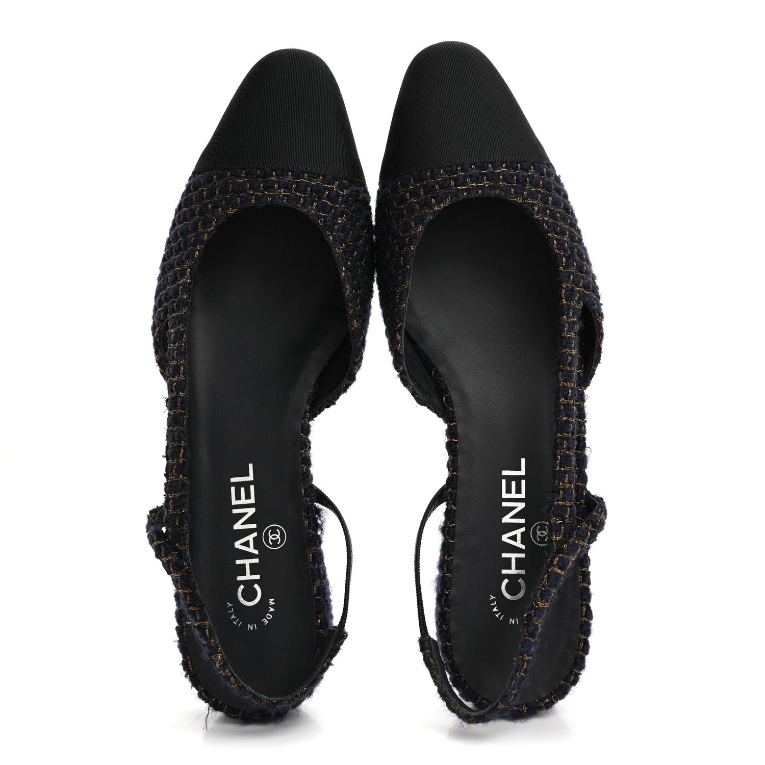 Chanel Tweed Grosgrain Cap Toe CC Slingback Flats  40 Blue Gold 2 of 14