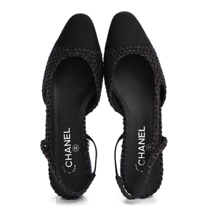 Chanel Tweed Grosgrain Cap Toe CC Slingback Flats  40 Blue Gold 2 of 14