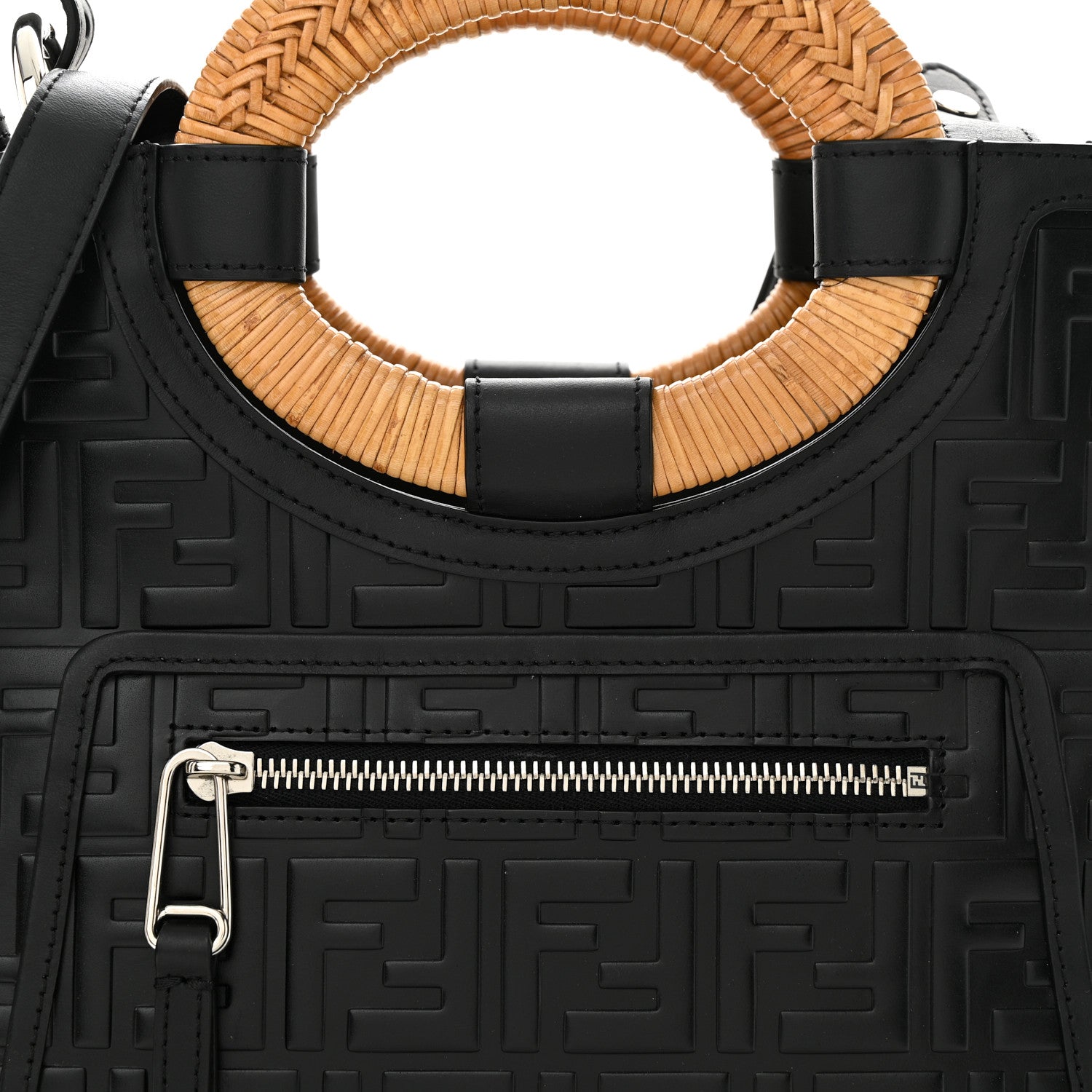 Fendi Vitello Century Wicker FF 1974 Embossed Small Runaway Shopper Tote Black 8 of 10