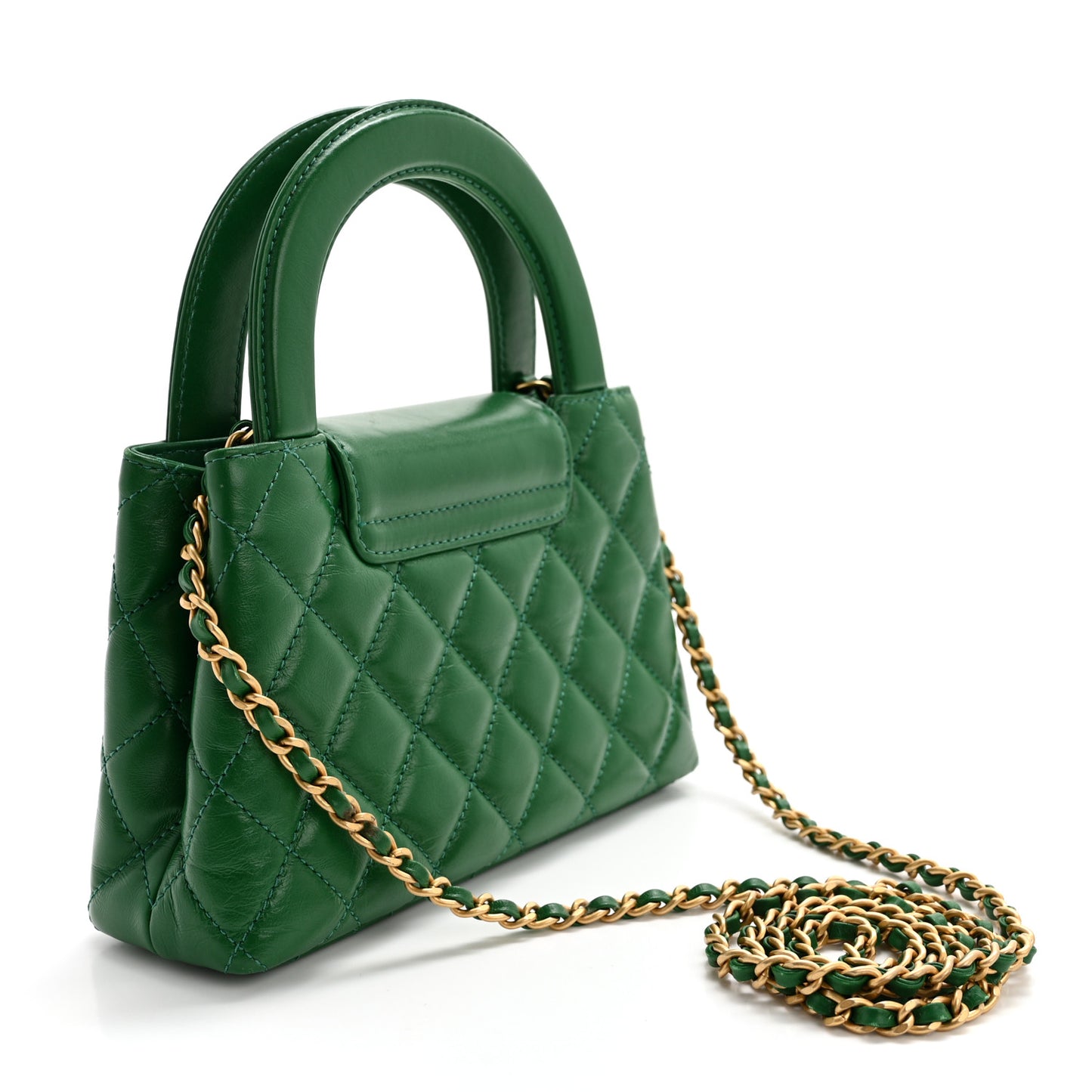 Shiny Aged Calfskin Quilted Nano Kelly Shopper Green