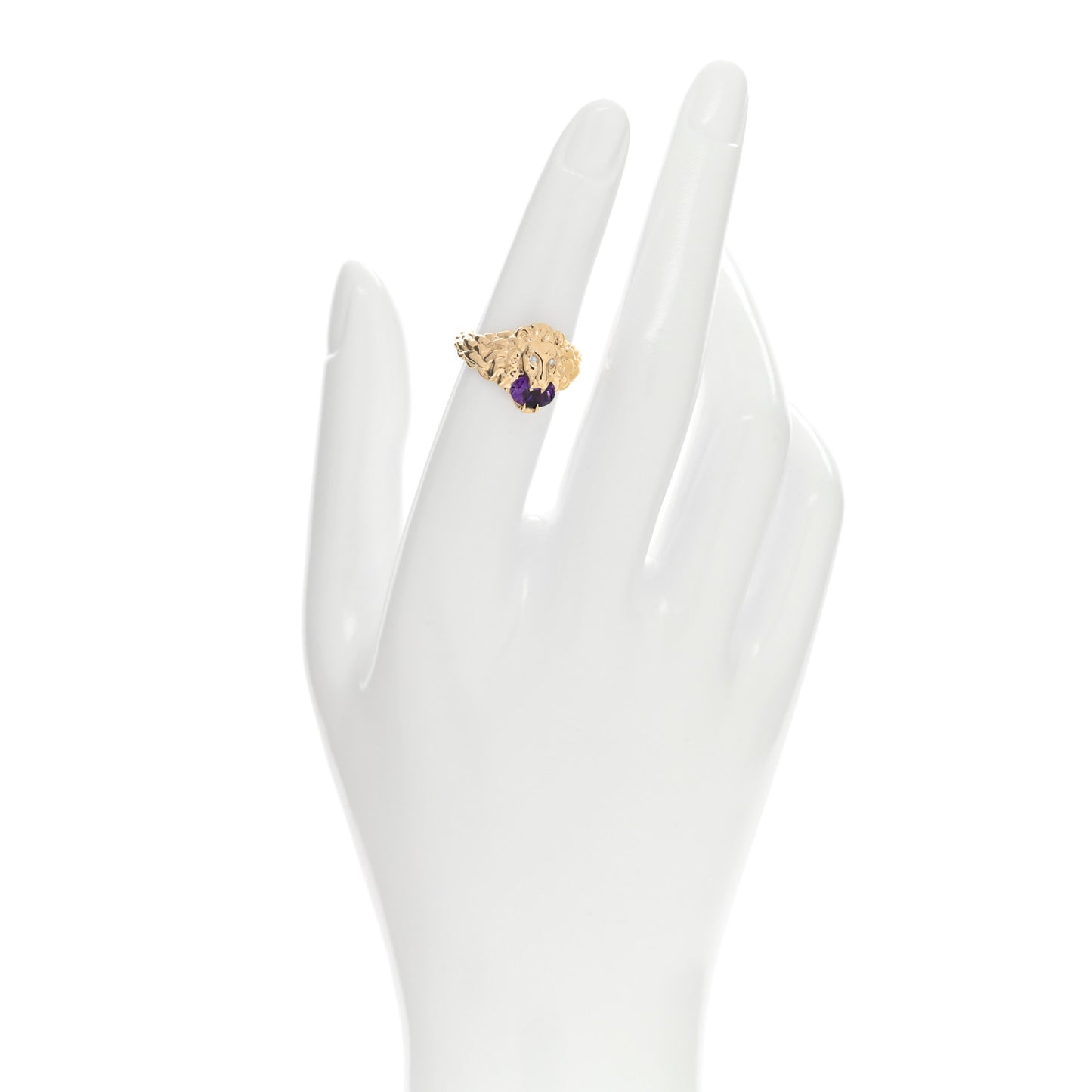 18K Yellow Gold Diamond Amethyst Lion Head Ring 50 5.25