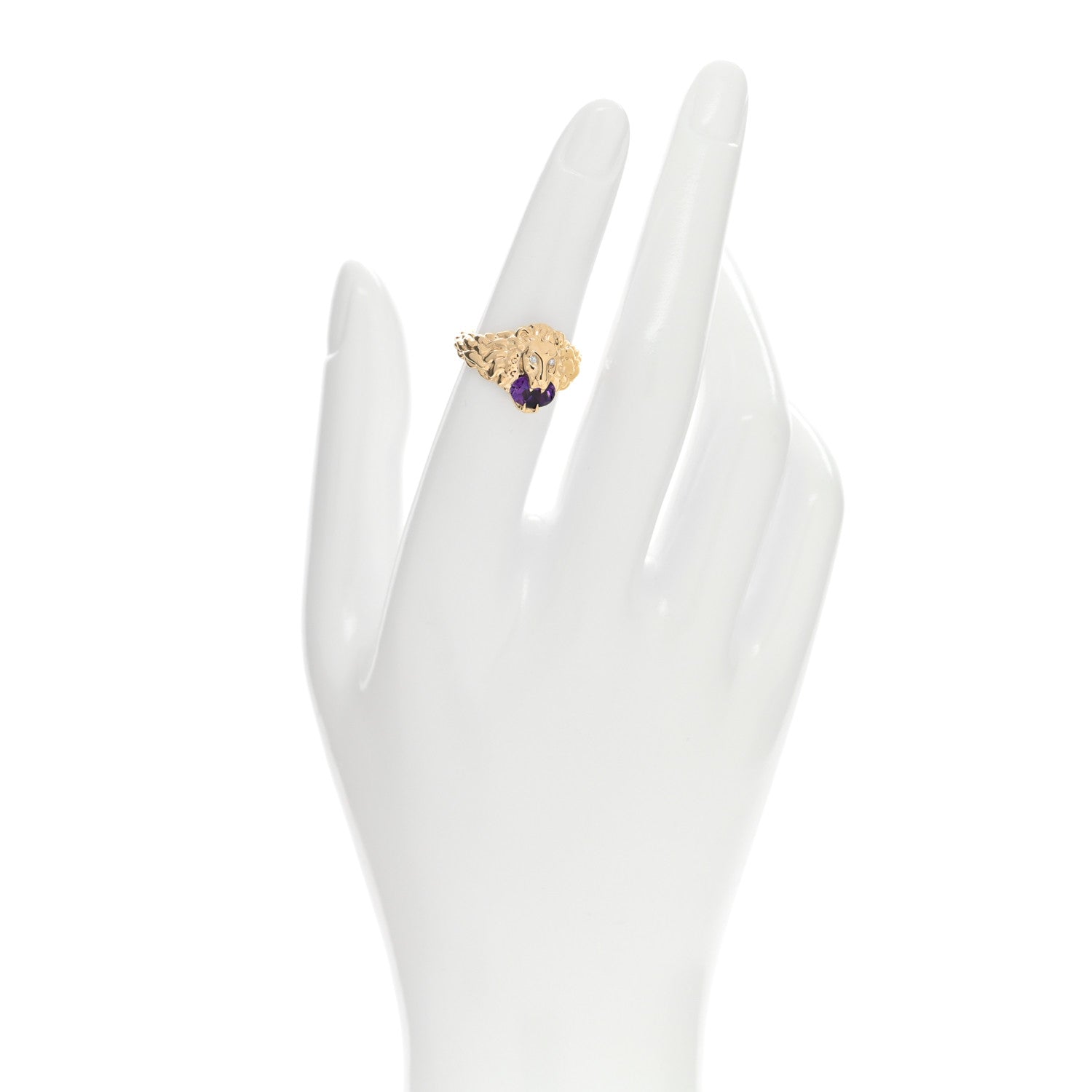 Gucci 18K Yellow Gold Diamond Amethyst Lion Head Ring 50 5.25 2 of 4