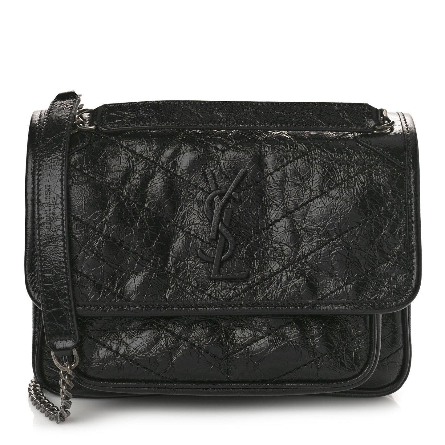 Crinkled Calfskin Matelasse Monogram Baby Niki Chain Satchel Black