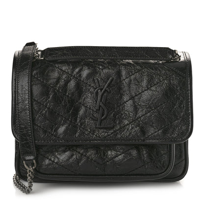 Saint Laurent Crinkled Calfskin Matelasse Monogram Baby Niki Chain Satchel Black 1 of 8