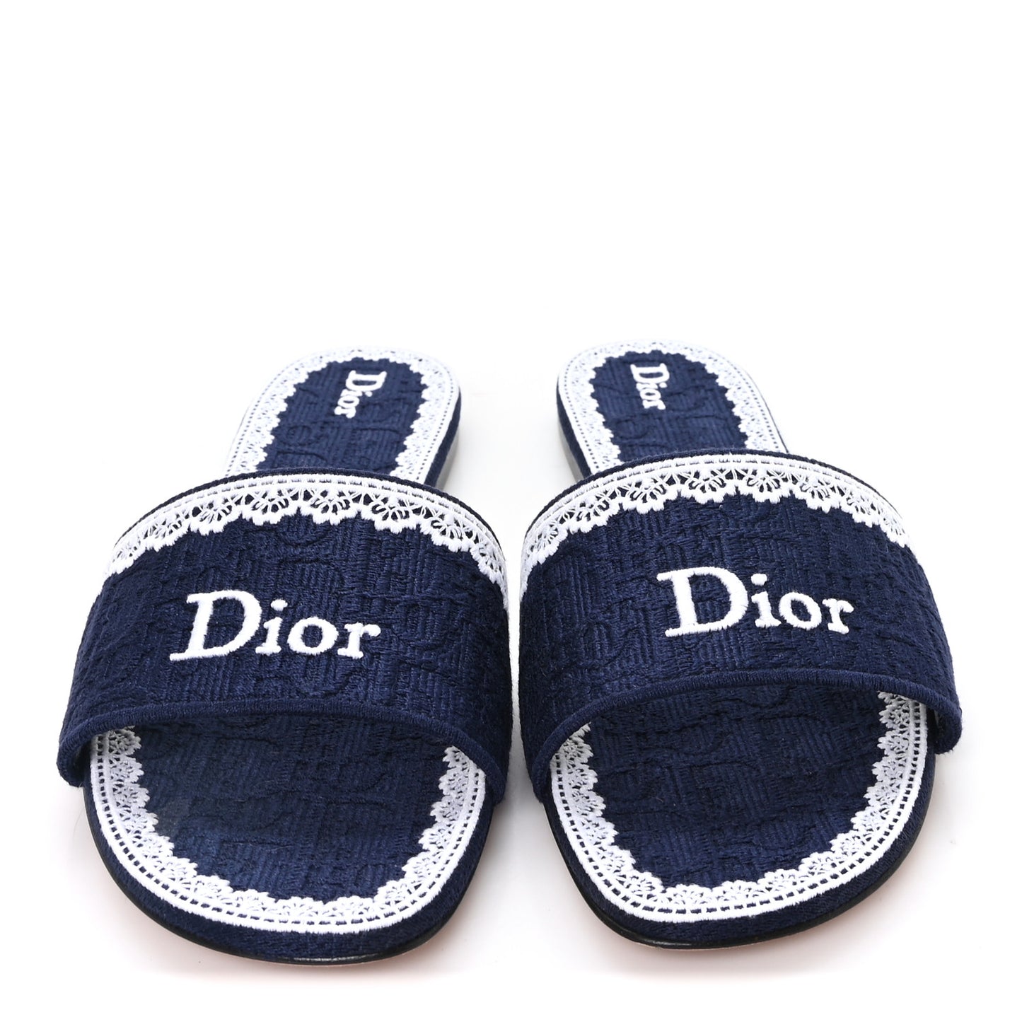 Oblique Embroidered Cotton Lace Dentelle Flat Slide Sandals 39 Navy Blue White