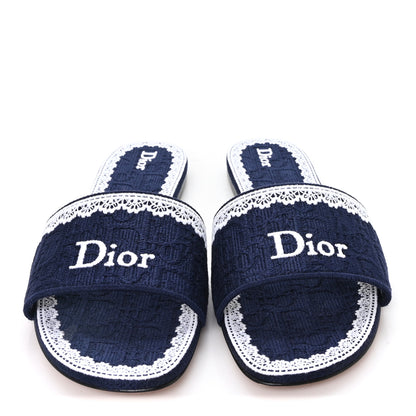 Christian Dior Oblique Embroidered Cotton Lace Dentelle Flat Slide Sandals 39 Navy Blue White 3 of 10
