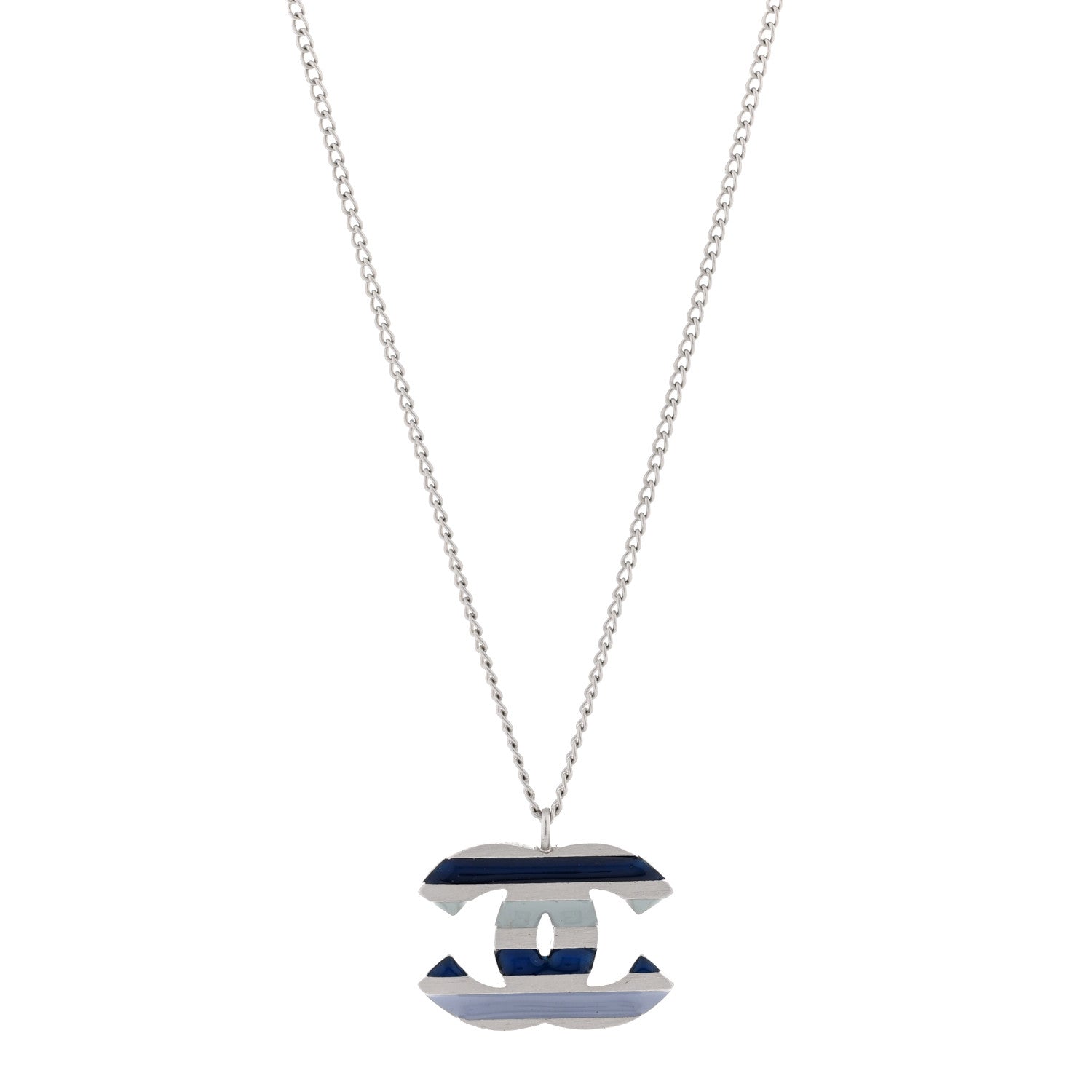 Chanel Enamel Striped CC Necklace Blue Silver 1 of 6