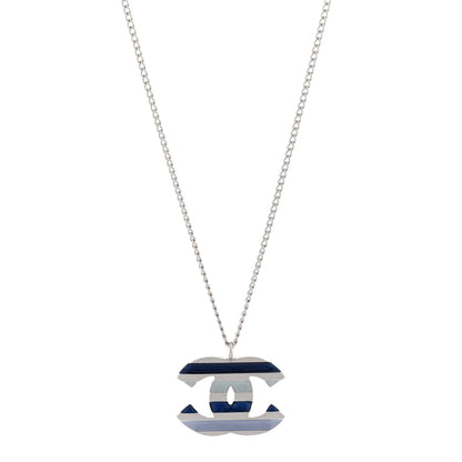 Chanel Enamel Striped CC Necklace Blue Silver 1 of 6