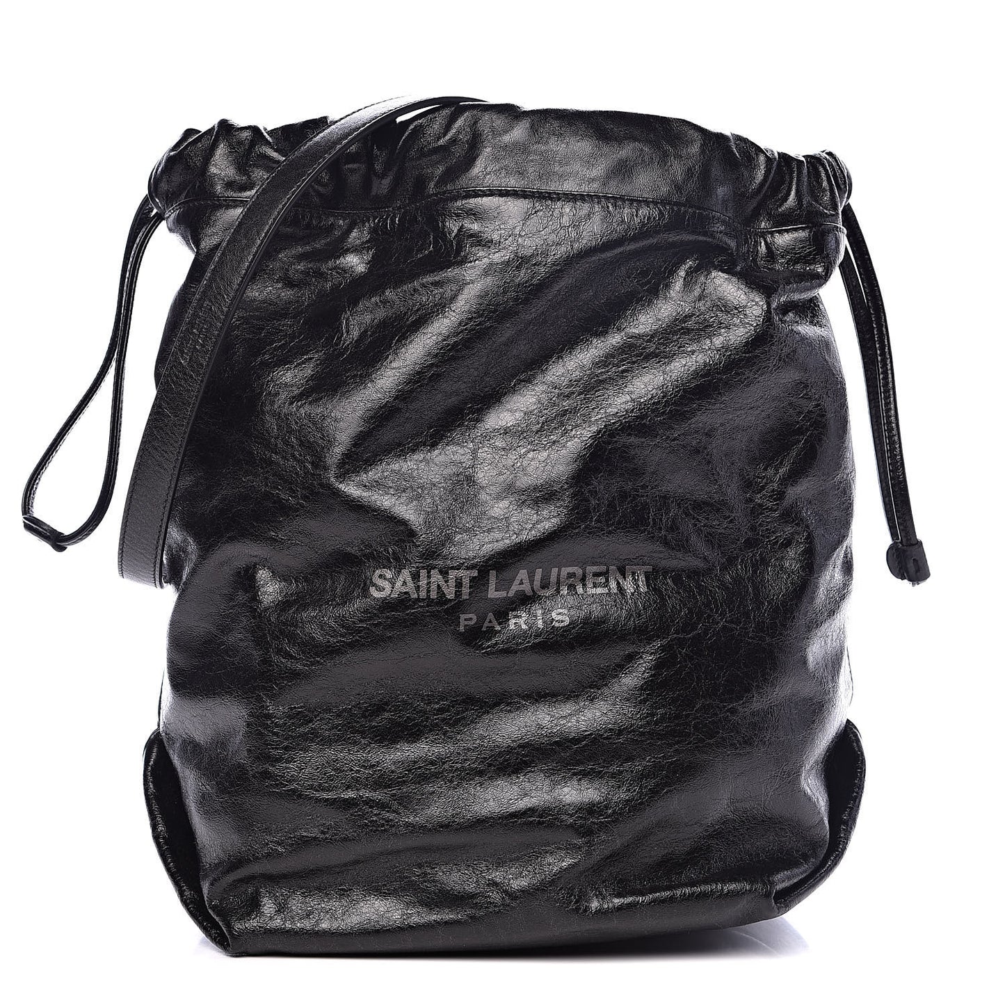Cracked Shiny Calfskin Teddy Drawstring Bag Black