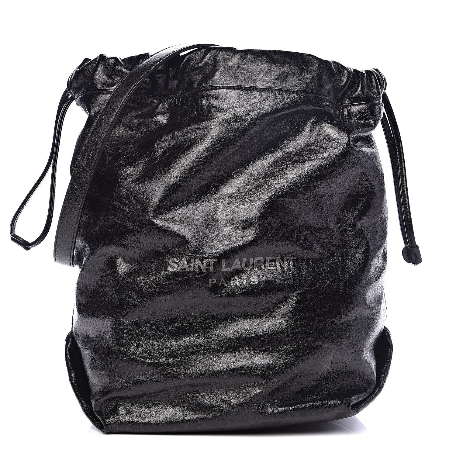 Saint Laurent Cracked Shiny Calfskin Teddy Drawstring Bag Black 1 of 10