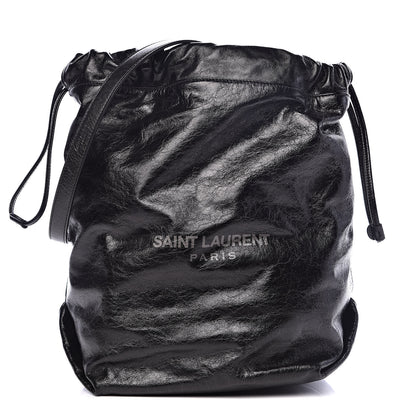 Saint Laurent Cracked Shiny Calfskin Teddy Drawstring Bag Black 1 of 10