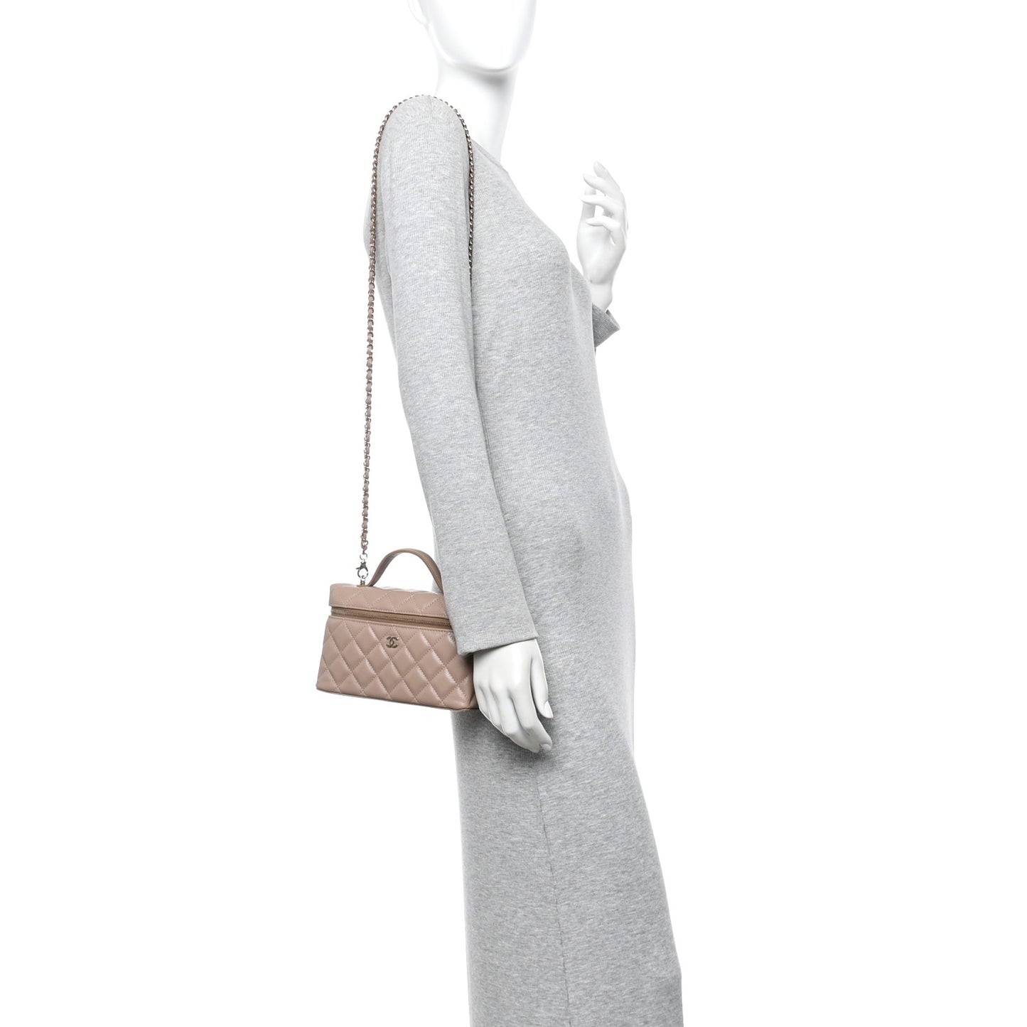 Caviar Quilted Top Handle Slim Vanity With Chain Dark Beige