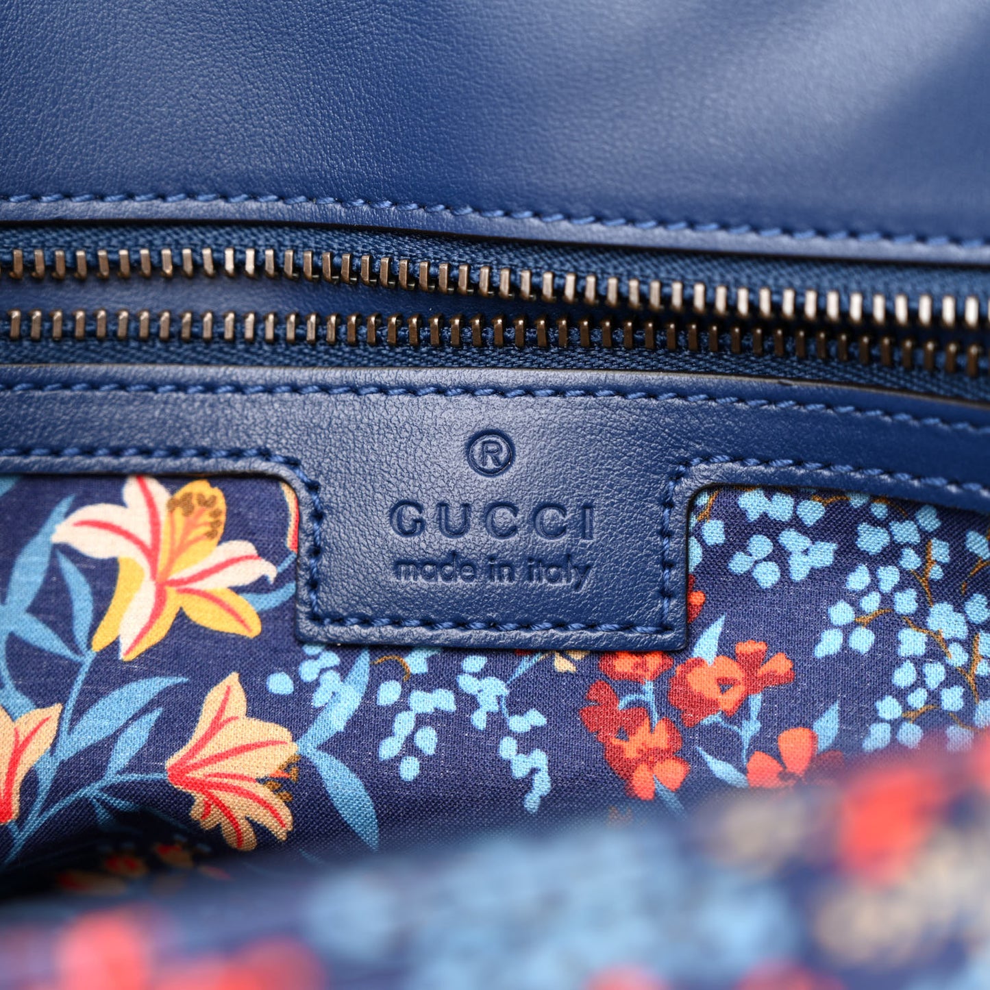 Cotton Calfskin Matelasse Floral Print Small GG Marmont Shoulder Bag Blue Red Deep Ocean Blue