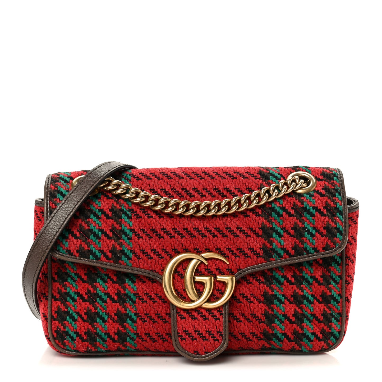 Wool Tweed Textured Dollar Calfskin Matelasse Diagonal Plaid Small GG Marmont Shoulder Bag Red Green Multicolor New Acero