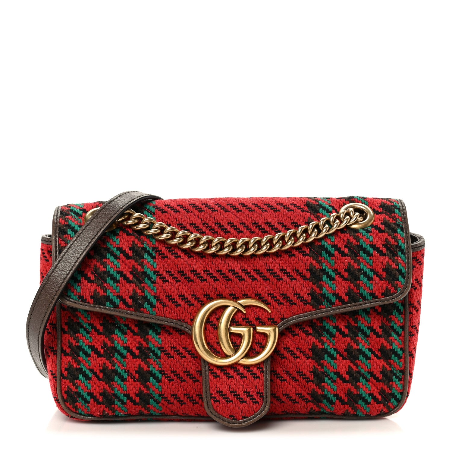 Gucci Wool Tweed Textured Dollar Calfskin Matelasse Diagonal Plaid Small GG Marmont Shoulder Bag Red Green Multicolor New Acero 1 of 11