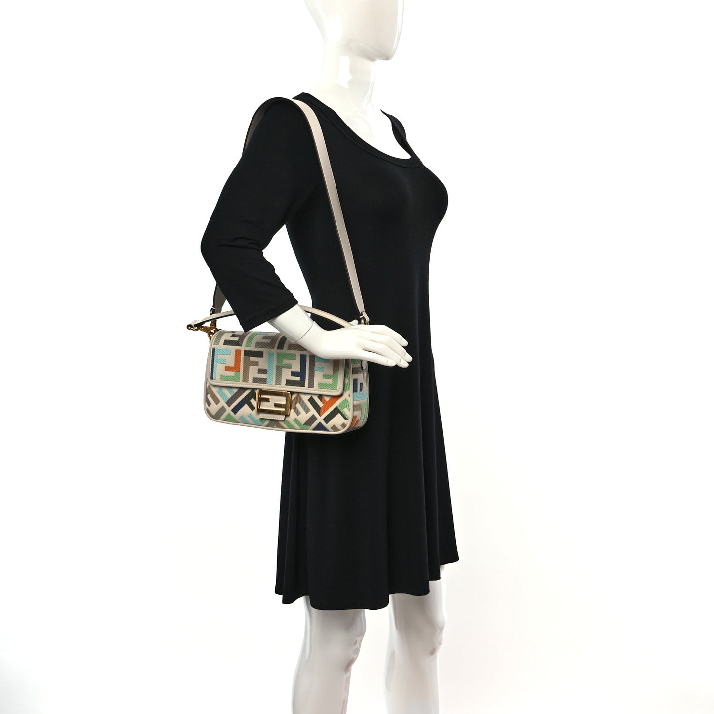 Canvas Vitello Seta FF Multicolor Embroidered Baguette Grezzo Multicolor Latte