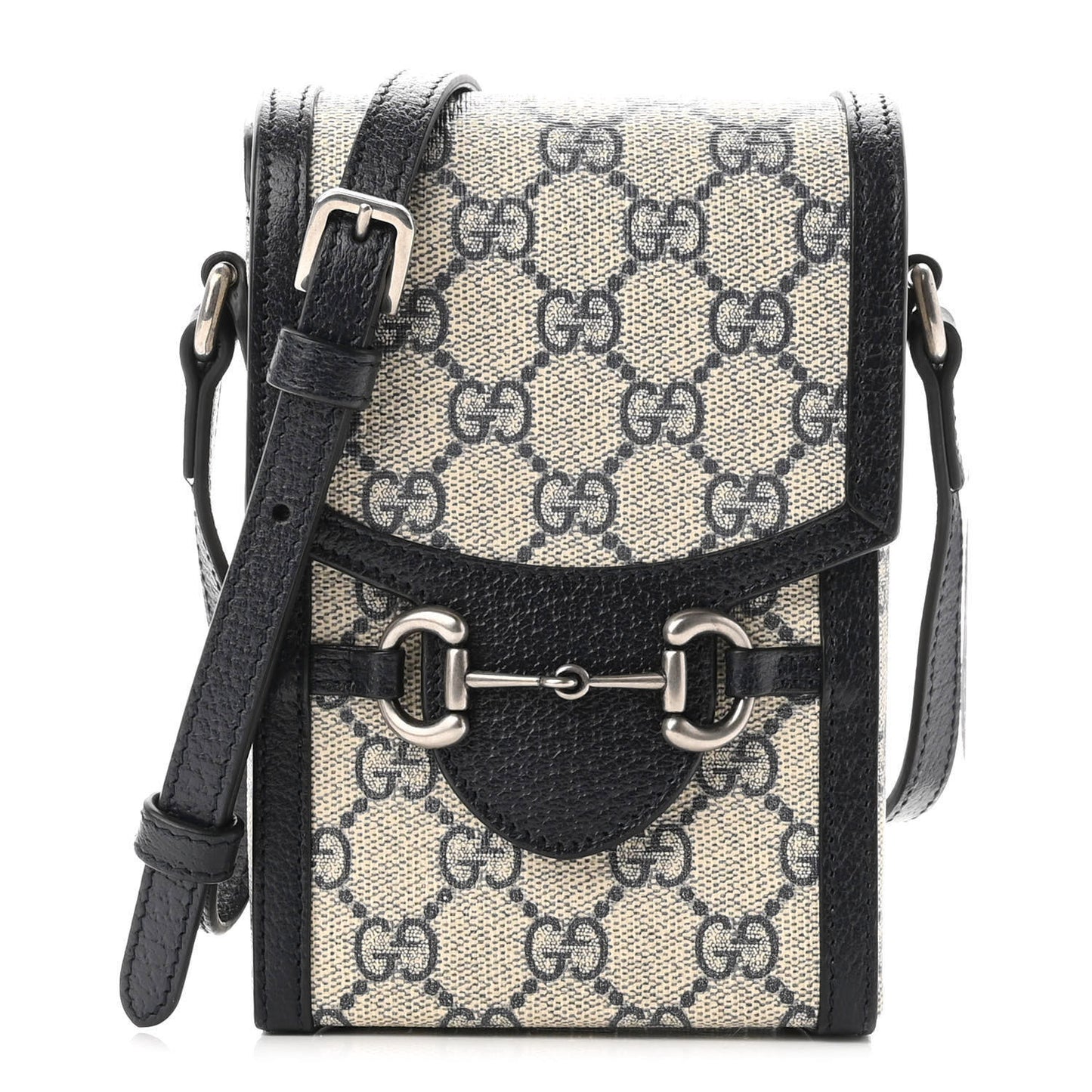 GG Supreme Monogram Textured Dollar Calfskin Mini Horsebit 1955 Crossbody Bag Beige Blue