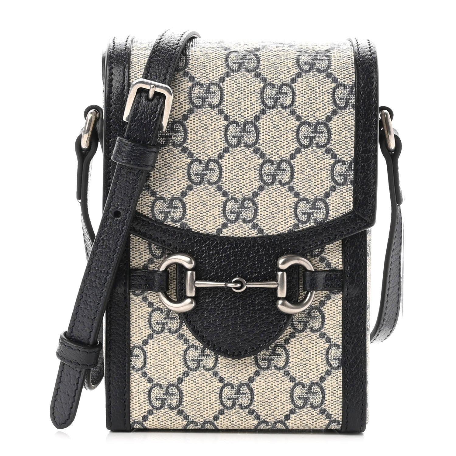 Gucci GG Supreme Monogram Textured Dollar Calfskin Mini Horsebit 1955 Crossbody Bag Beige Blue 1 of 10