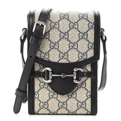 Gucci GG Supreme Monogram Textured Dollar Calfskin Mini Horsebit 1955 Crossbody Bag Beige Blue 1 of 10